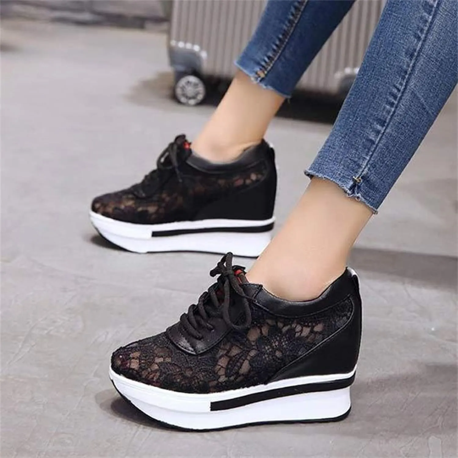 Womenyiaor Platform Hidden Heel Sneaker for Women, Women's Platform Wedge Sneakers Dressy Lace Up Shoes High Heeld High Top Sneakers Fashion Hidden Wedge Tennis Shoes Casual Canvas Shoes