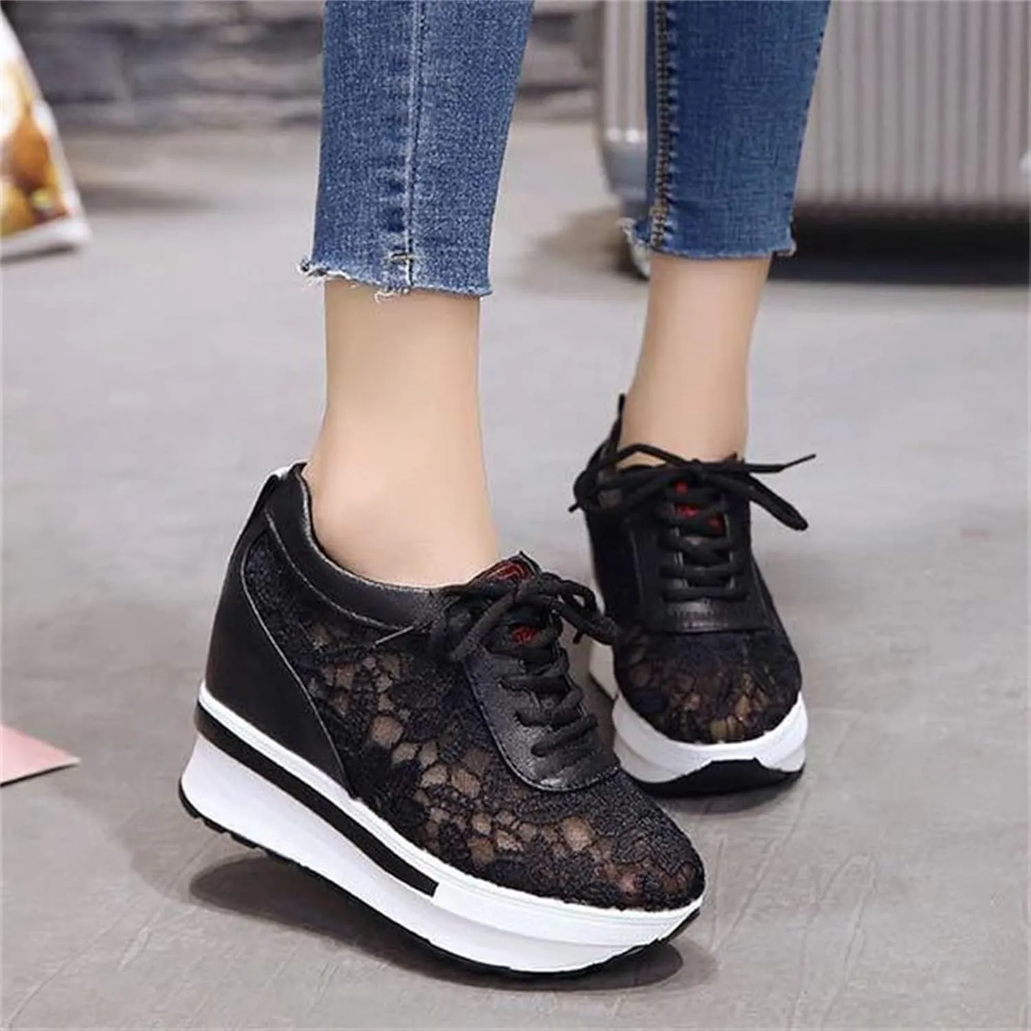 Womenyiaor Platform Hidden Heel Sneaker for Women, Women's Platform Wedge Sneakers Dressy Lace Up Shoes High Heeld High Top Sneakers Fashion Hidden Wedge Tennis Shoes Casual Canvas Shoes