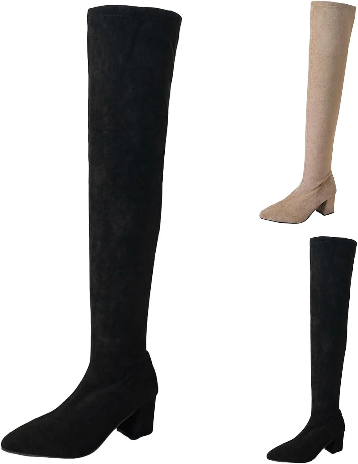 Womenyiaor Women's Thigh High Boots, Platform Over The Knee Boots Chunky Heel Long Stretch Knee High Boots Comfortable Round Toe Fashion Suede Winter Boots