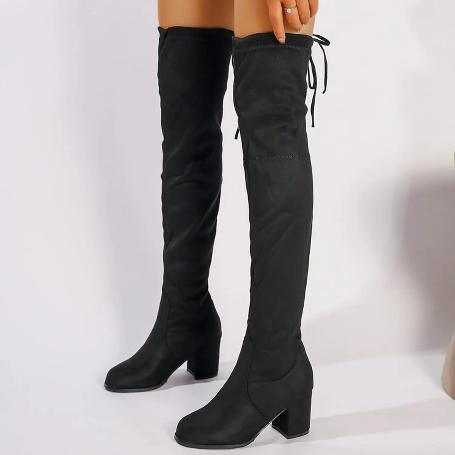 Womenyiaor Women's Thigh High Boots, Platform Over The Knee Boots Chunky Heel Long Stretch Knee High Boots Comfortable Round Toe Fashion Suede Winter Boots