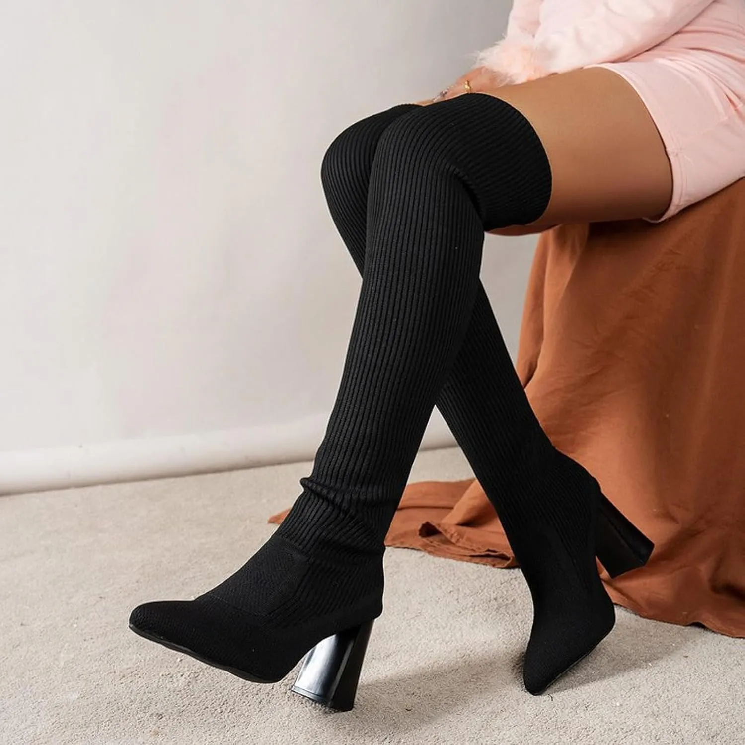 Womenyiaor Women's Thigh High Boots, Platform Over The Knee Boots Chunky Heel Long Stretch Knee High Boots Comfortable Round Toe Fashion Suede Winter Boots