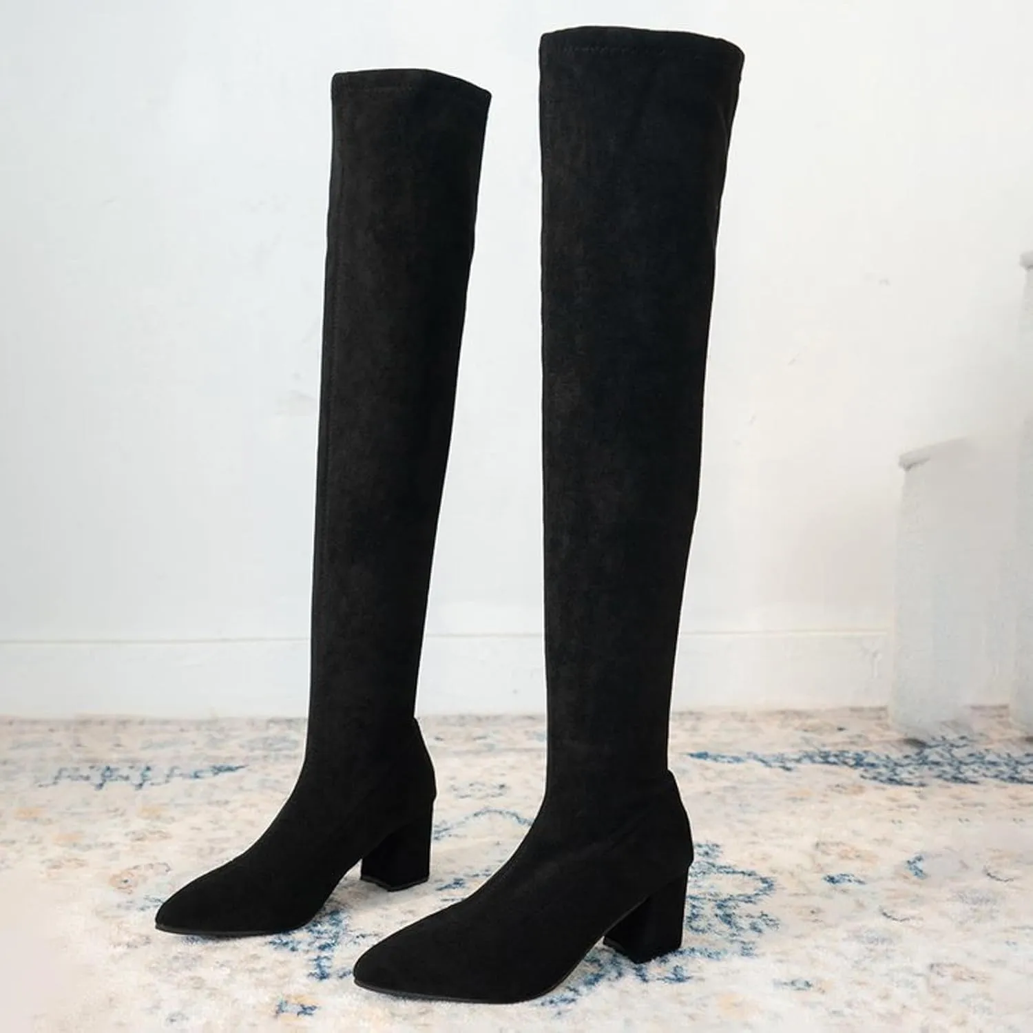 Womenyiaor Women's Thigh High Boots, Platform Over The Knee Boots Chunky Heel Long Stretch Knee High Boots Comfortable Round Toe Fashion Suede Winter Boots