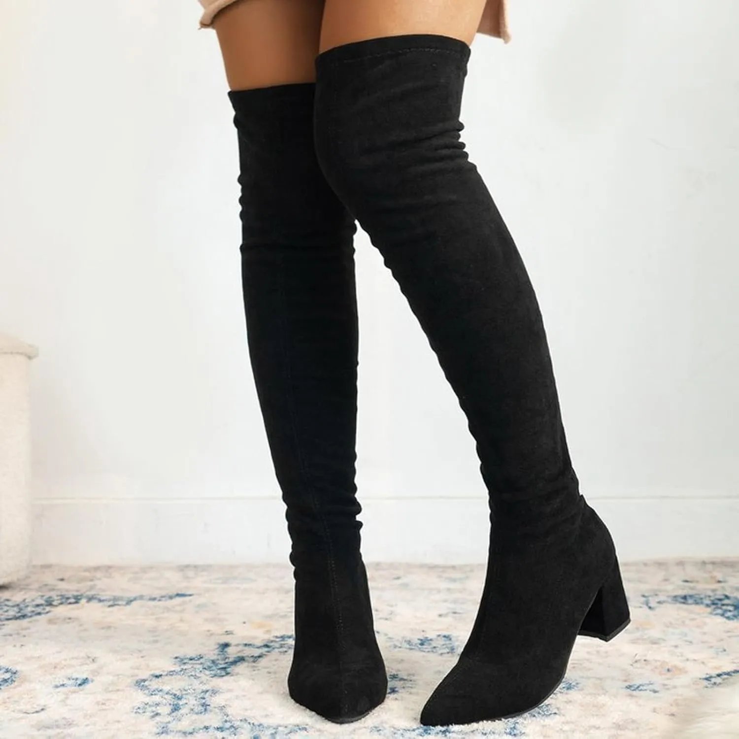 Womenyiaor Women's Thigh High Boots, Platform Over The Knee Boots Chunky Heel Long Stretch Knee High Boots Comfortable Round Toe Fashion Suede Winter Boots