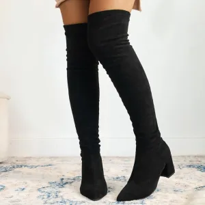 Womenyiaor Women's Thigh High Boots, Platform Over The Knee Boots Chunky Heel Long Stretch Knee High Boots Comfortable Round Toe Fashion Suede Winter Boots