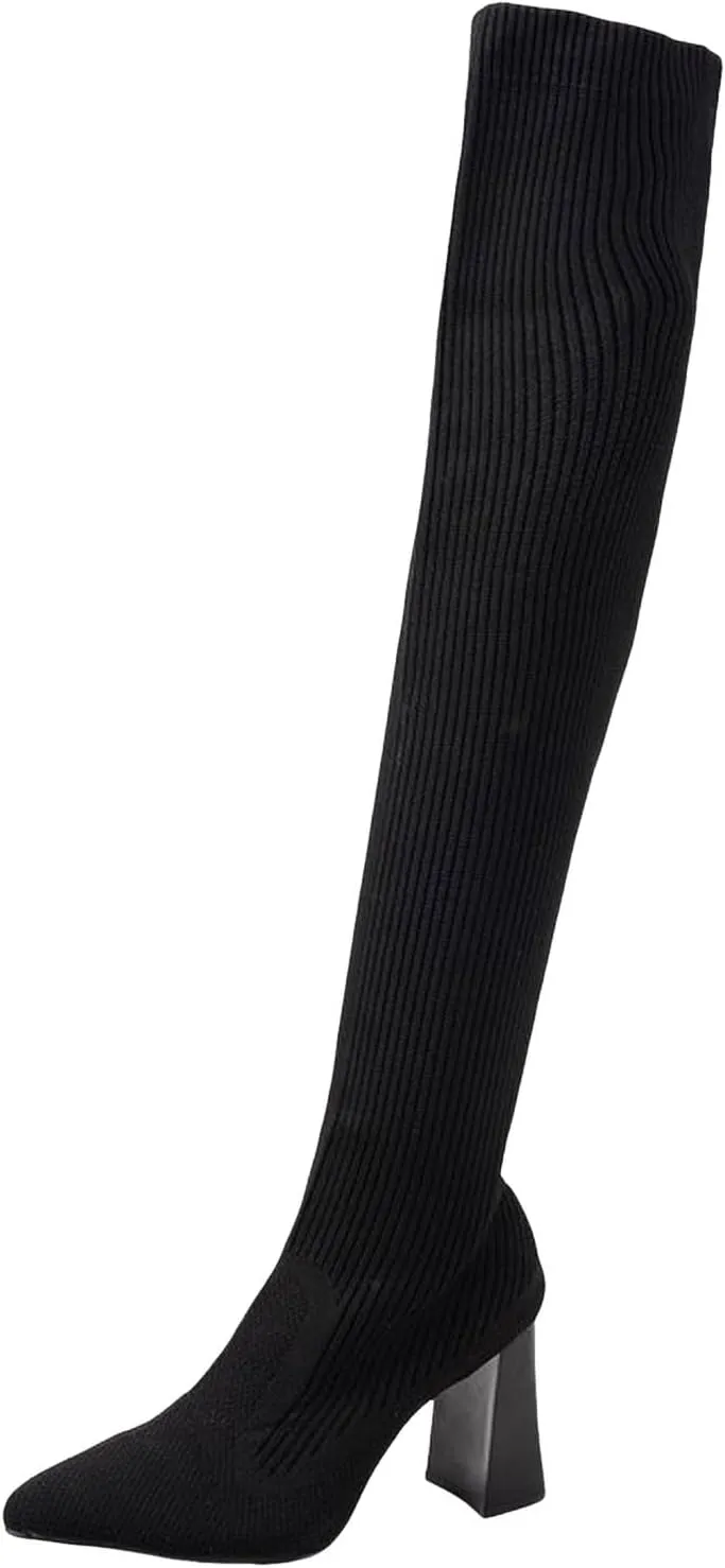 Womenyiaor Women's Thigh High Boots, Platform Over The Knee Boots Chunky Heel Long Stretch Knee High Boots Comfortable Round Toe Fashion Suede Winter Boots