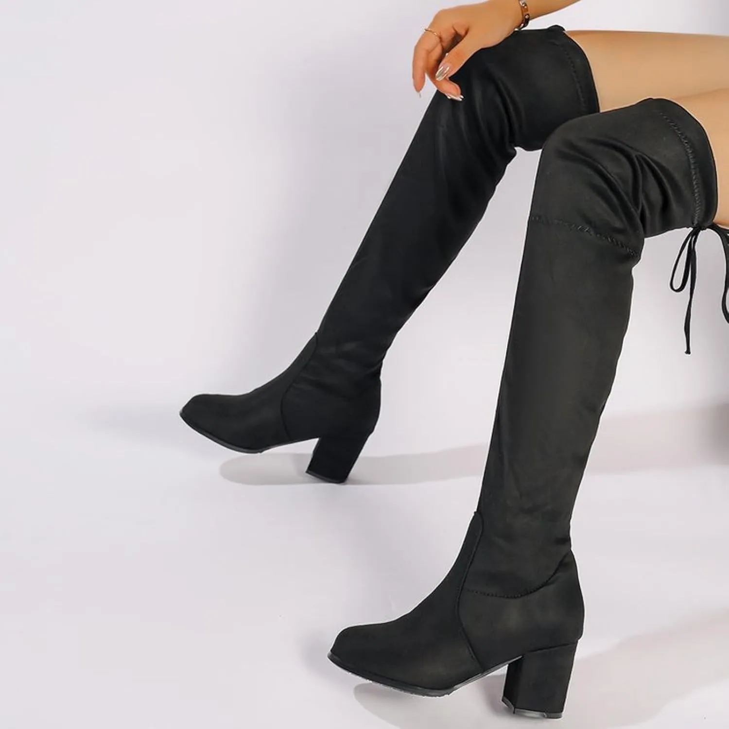Womenyiaor Women's Thigh High Boots, Platform Over The Knee Boots Chunky Heel Long Stretch Knee High Boots Comfortable Round Toe Fashion Suede Winter Boots