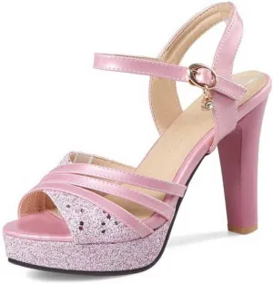 Yawors Womens LC1015 Peep Toe Block Glitter Pu Low Block Sandals