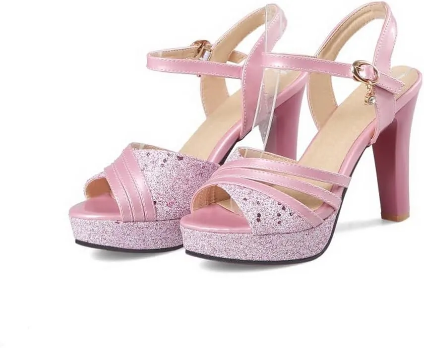 Yawors Womens LC1015 Peep Toe Block Glitter Pu Low Block Sandals
