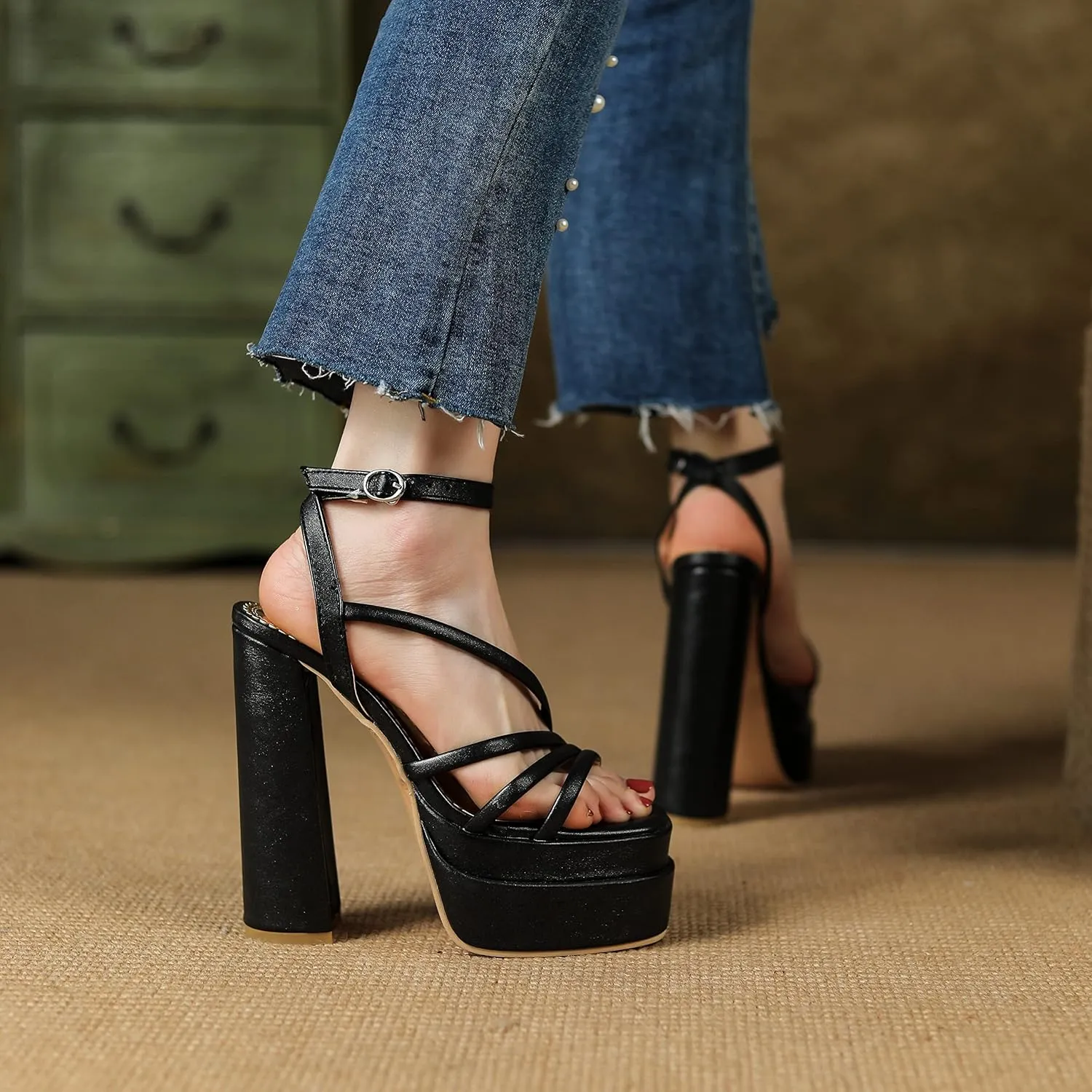 Yawors Womens LC679 Dress Fashion Casual Fashion Dress Pigskin Leather Low Kitten Heeled Sandals