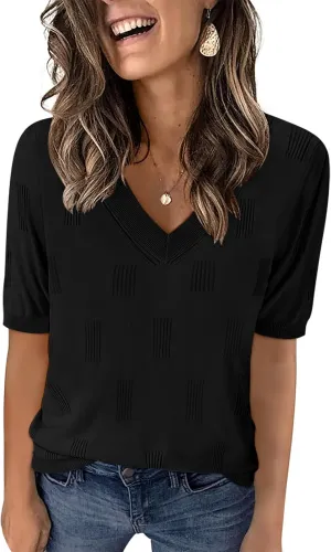 Yincro Womens Short Sleeve Sweaters Fall Summer Tops V Neck Lightweight Knit Pullovers