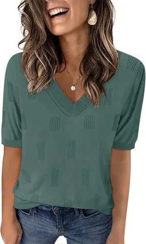 Yincro Womens Short Sleeve Sweaters Fall Summer Tops V Neck Lightweight Knit Pullovers