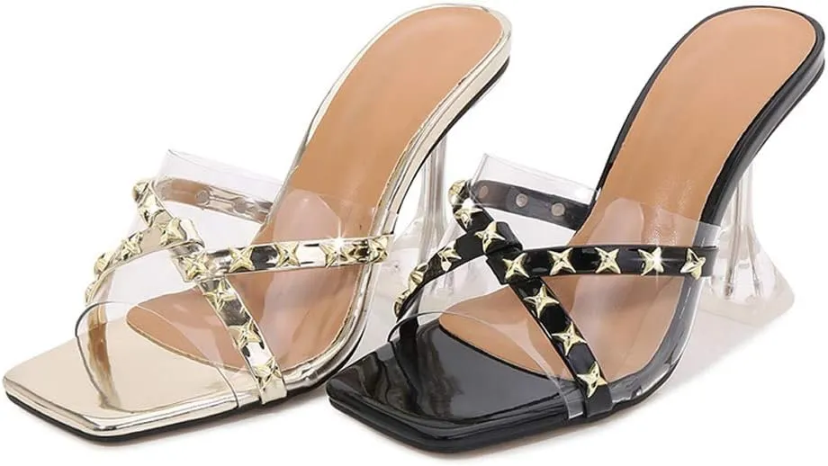 YIYA Clear Transparent Colorful Heeled Sandals for Women Open Square Toe Stiletto Mules Backless Slip on Jeweled Slide Heels Slipper Dress Shoes
