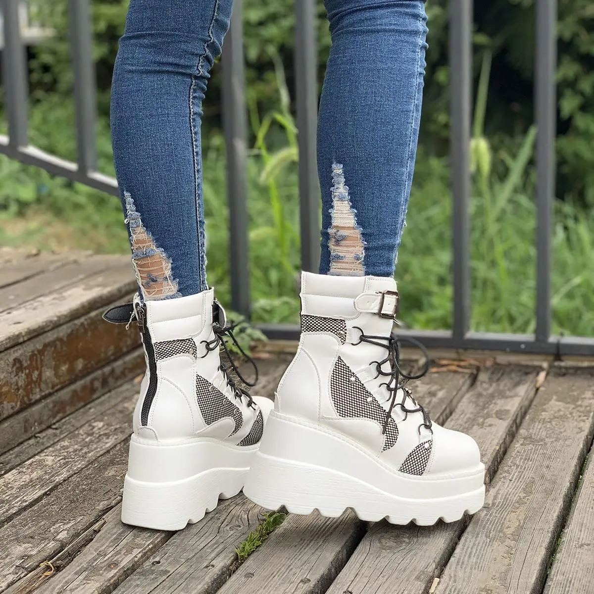 ZKXYFFS Womens Platform Chunky Ankle Boots Round Toe Buckle Lace Up Thick Sole Punk Goth Booties Wedges Platform Boots for Women