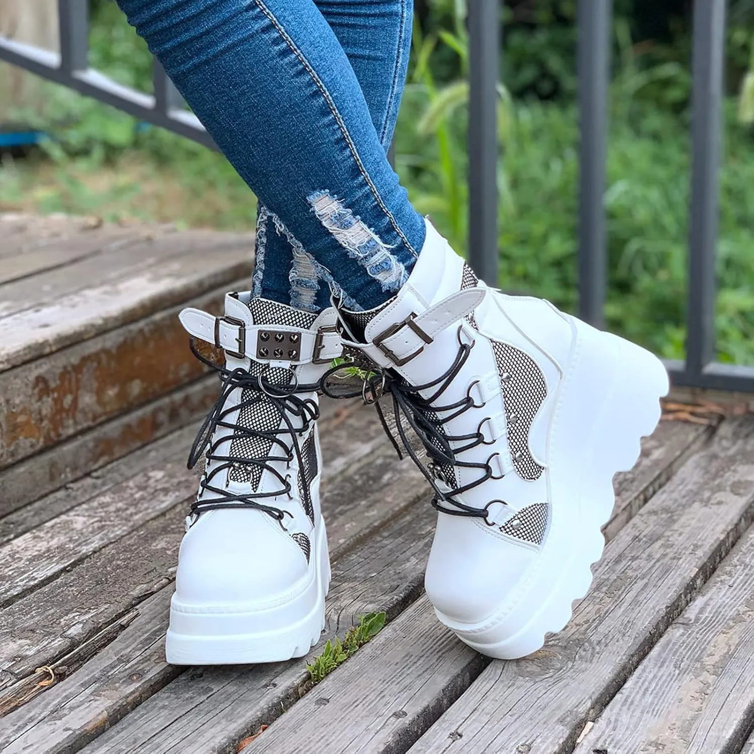 ZKXYFFS Womens Platform Chunky Ankle Boots Round Toe Buckle Lace Up Thick Sole Punk Goth Booties Wedges Platform Boots for Women