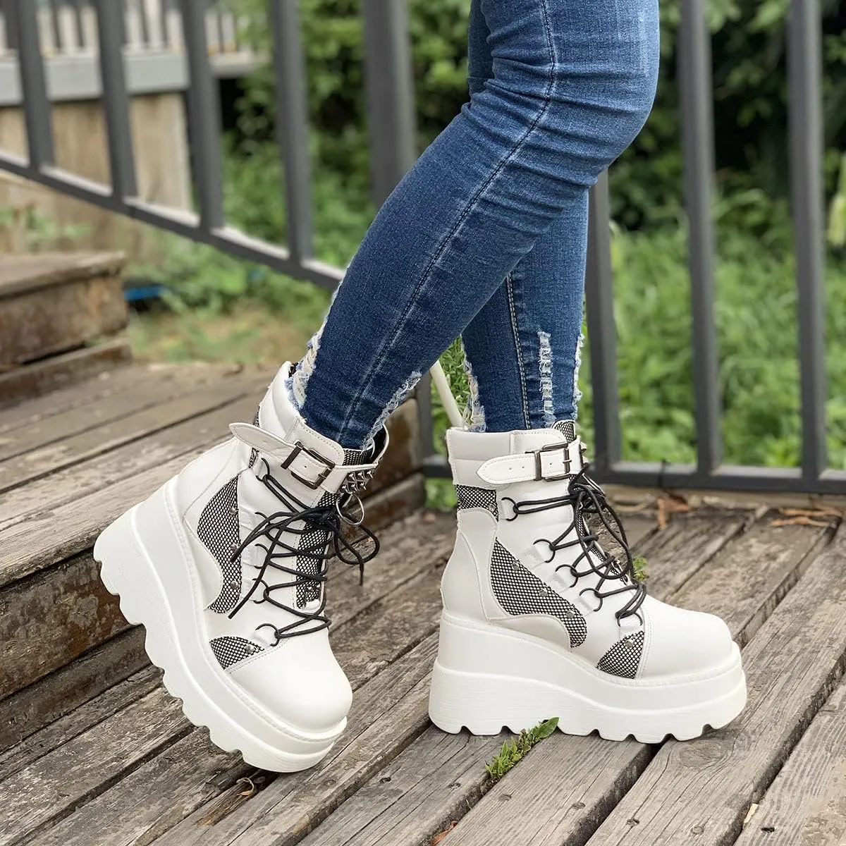 ZKXYFFS Womens Platform Chunky Ankle Boots Round Toe Buckle Lace Up Thick Sole Punk Goth Booties Wedges Platform Boots for Women