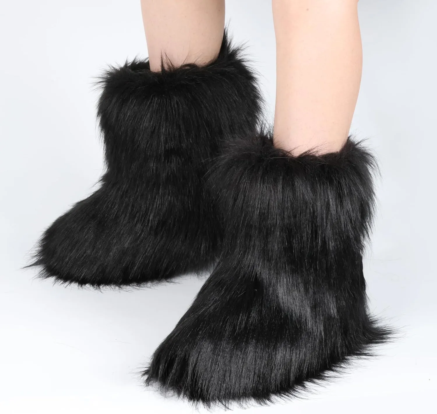 ZVC Women's Faux Fur Boots Furry Snow Boots Comfortable Fluffy Winter Boot Warm Fuzzy Mid-Calf Boot Outdoor Indoor Flat Shoes