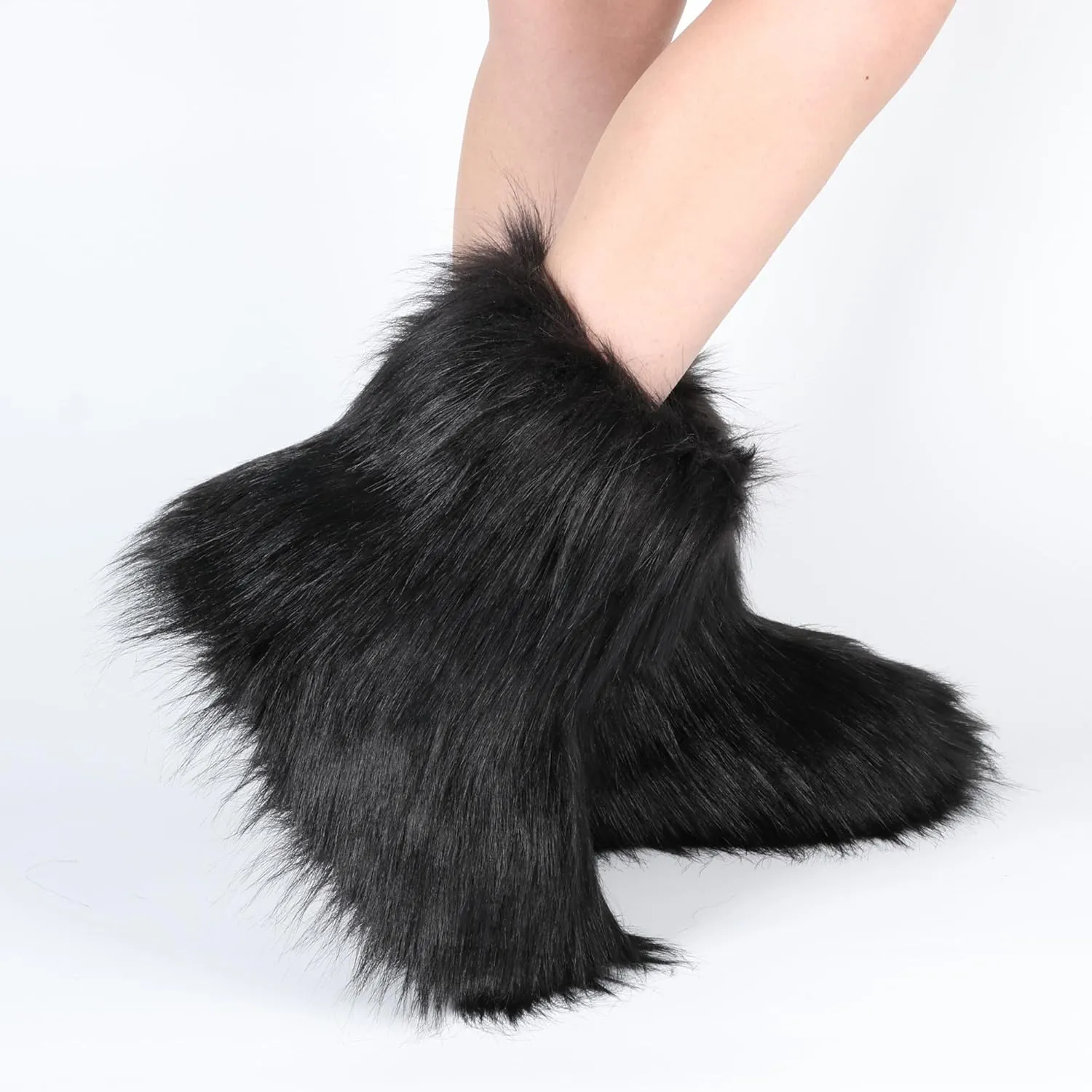 ZVC Women's Faux Fur Boots Furry Snow Boots Comfortable Fluffy Winter Boot Warm Fuzzy Mid-Calf Boot Outdoor Indoor Flat Shoes